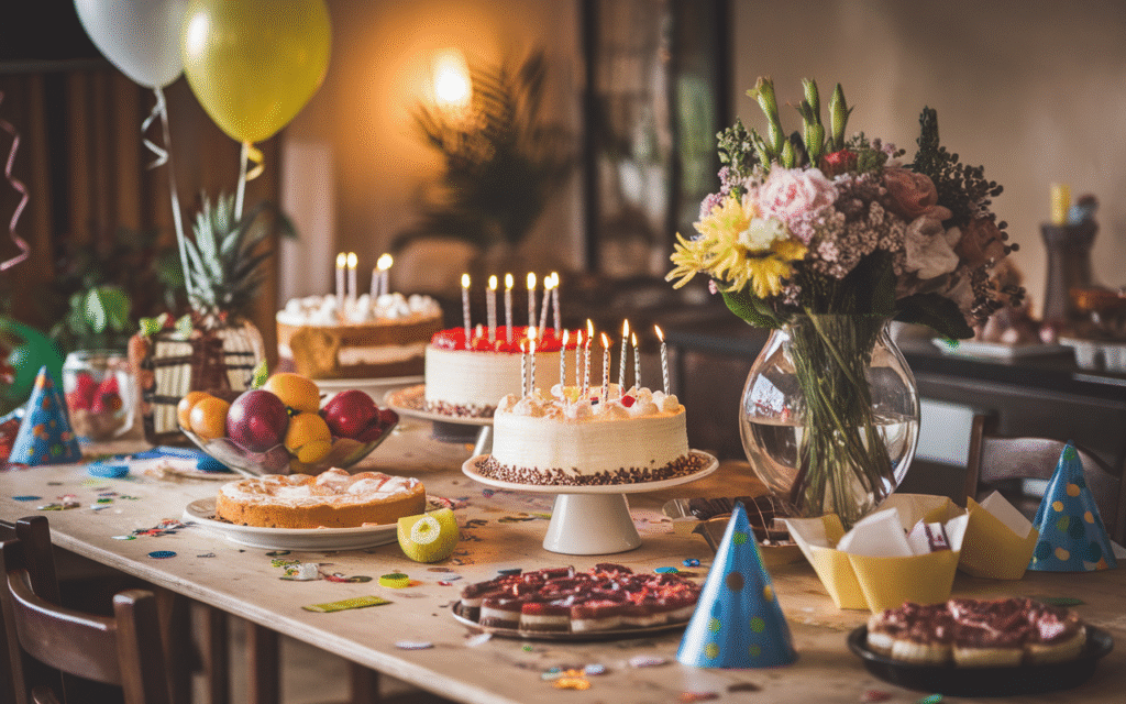 Home party table set with food and flowers, celebrations