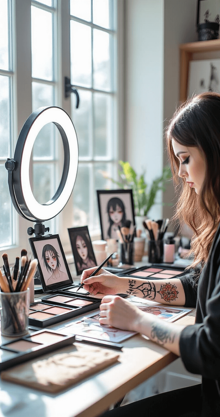 Sukuna Cosplay: Transform Into Jujutsu Kaisen's King of Curses (Complete 2024) A well-lit makeup station featuring a cosplayer having detailed temporary tattoos applied to their arms, surrounded by organized makeup tools and reference images of Sukuna's markings, illuminated by natural daylight and a professional ring light, captured in macro detail.