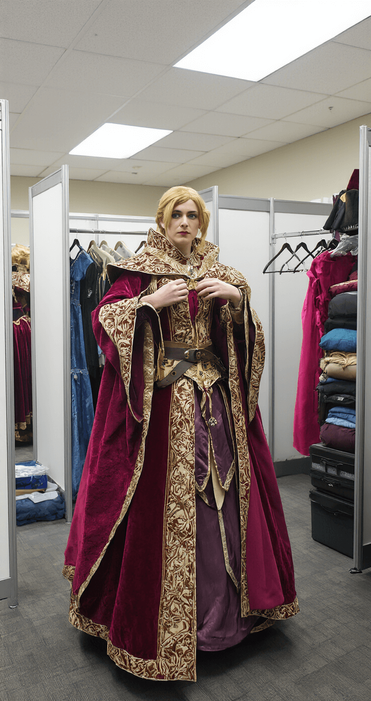 The Ultimate Guide to Cosplay Dresses: From Fabric Choices to Stunning Results A cosplayer in a bright, airy dressing room adjusts a layered medieval-style costume in deep jewel tones, surrounded by storage solutions like padded hangers and garment bags, with overhead lighting showcasing the outfit.