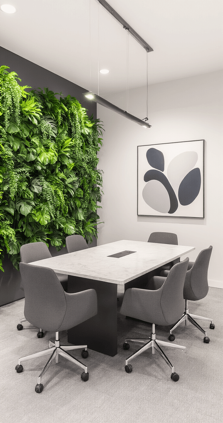 A modern mini convention room featuring ergonomic charcoal seating around a polished stone conference table, accented by a large abstract artwork and a living wall of potted plants, all within a clean 10x8 foot space, illuminated by professional photography lighting.