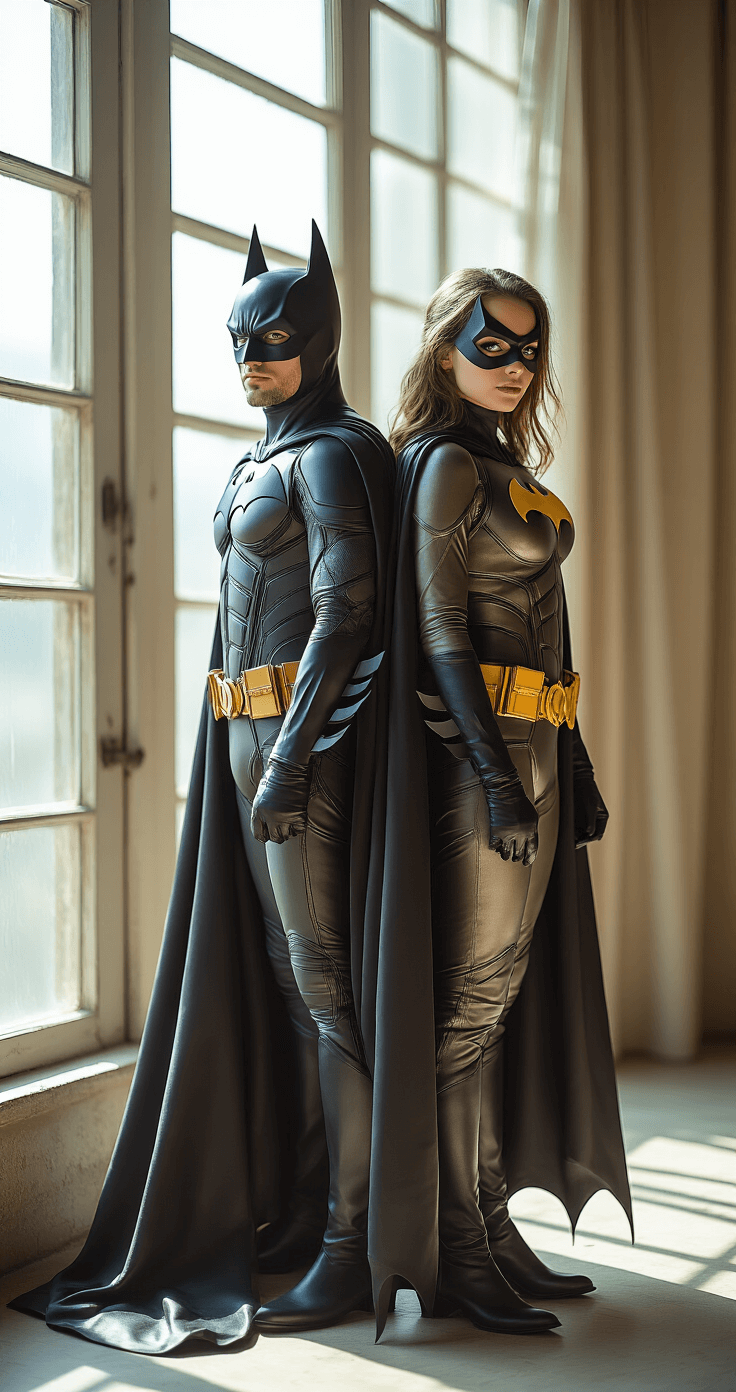 Ultimate Guide to Duo Costumes: Creative Ideas for Dynamic Duos Bright photography studio with natural light, featuring two models in intricately detailed Batman and Robin costumes, posed back-to-back. The focus is on their high-end cosplay outfits, highlighting leather textures and metallic accents, with soft lighting and a blurred background.