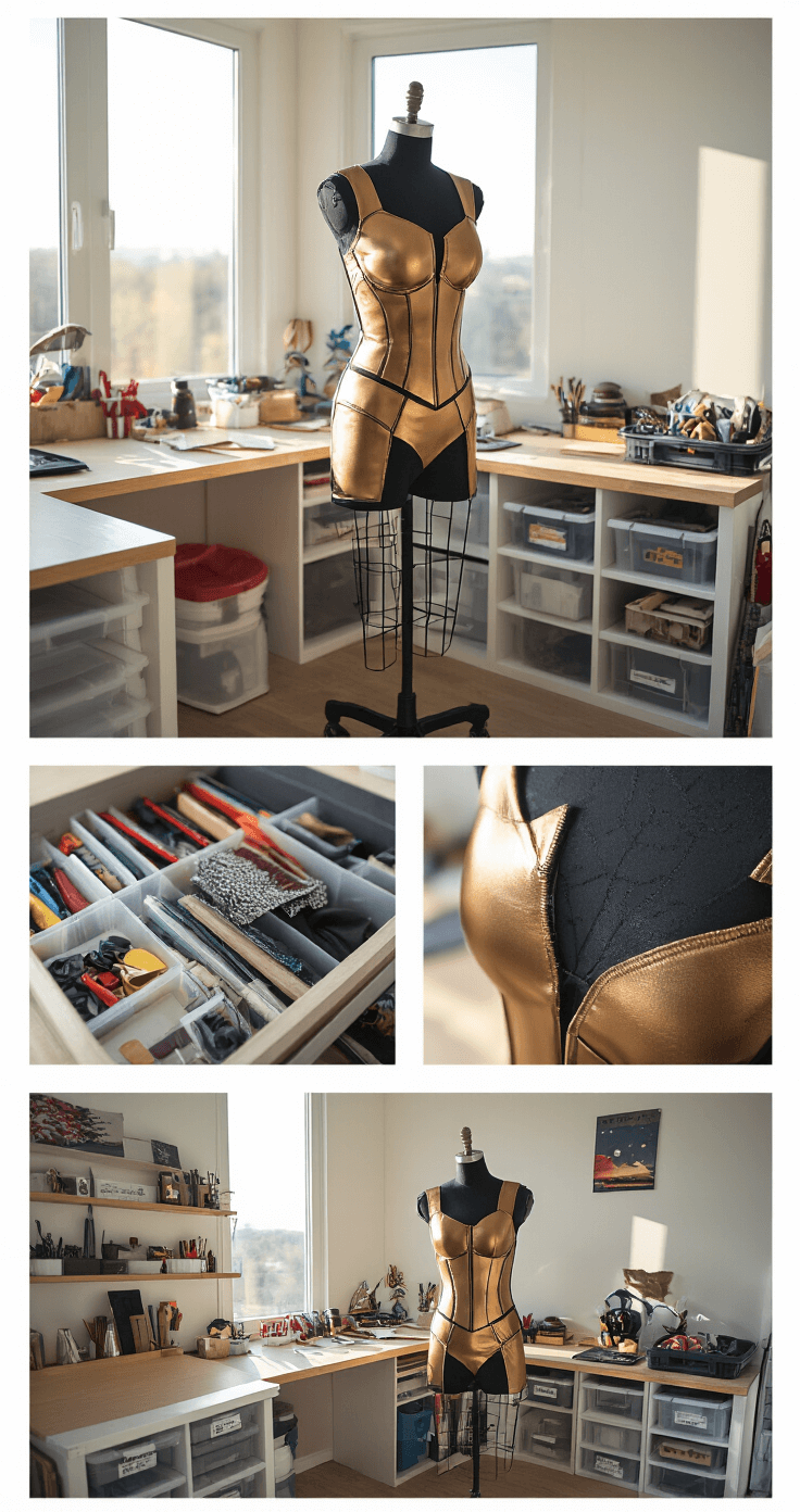 The Ultimate Guide to Cosplay Dresses: From Fabric Choices to Stunning Results A bright craft room featuring a dress form with a partially constructed metallic spandex superhero costume, showcasing close-ups of structural elements like boning. Organized storage solutions hold various tools and materials in labeled containers, while a wide-angle shot captures the entire workspace setup.