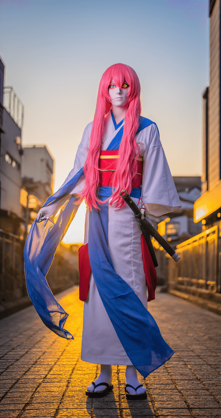 Sukuna Cosplay: Transform Into Jujutsu Kaisen's King of Curses (Complete 2024) A striking full Sukuna cosplay stands against urban Japanese architecture during golden hour, with a pink-red wig glowing in the warm sunset light and colored contacts enhancing the otherworldly look. A blue scarf billows in the breeze, while the shot from below emphasizes an imposing presence.