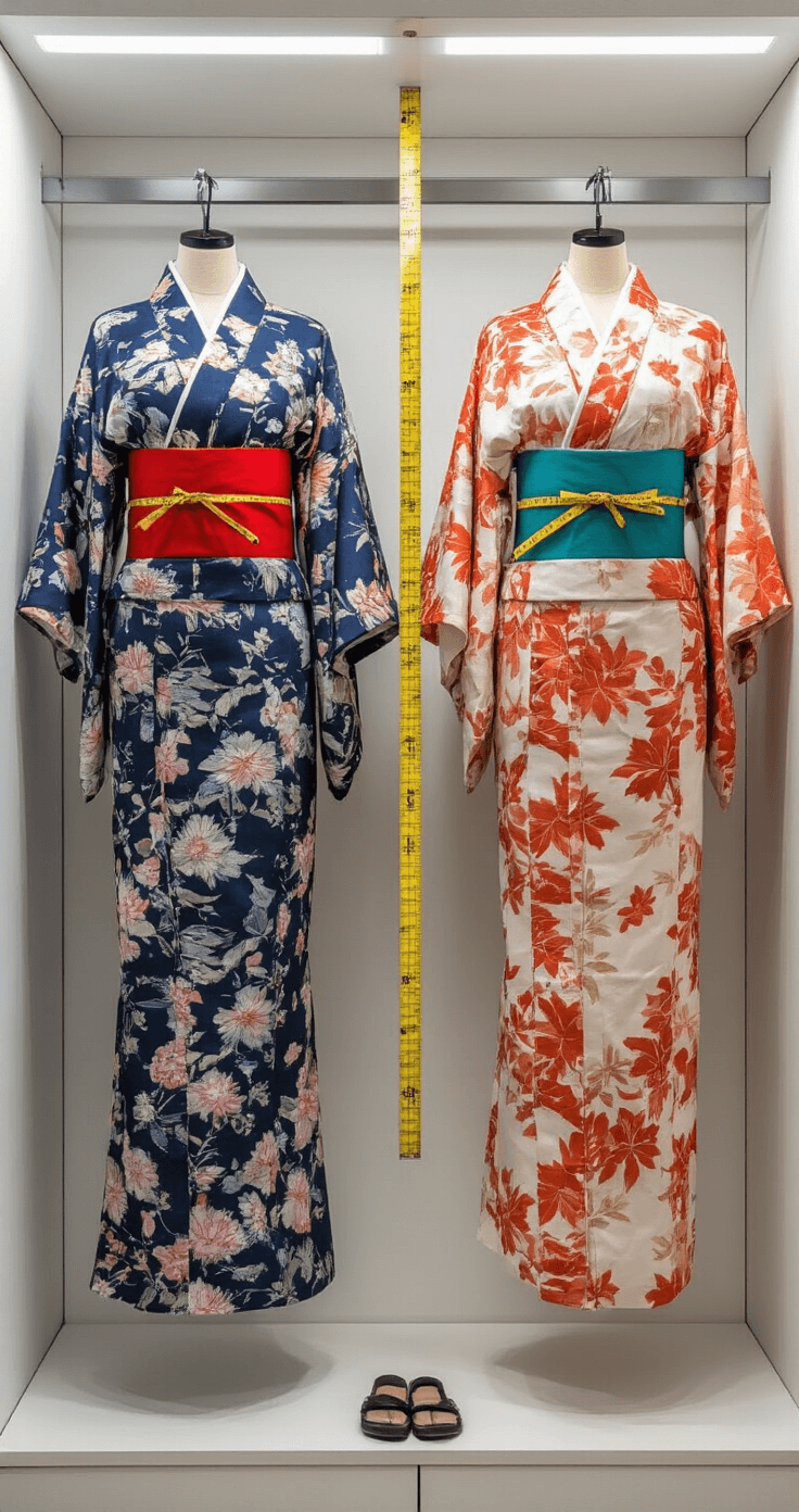 Sukuna Cosplay: Transform Into Jujutsu Kaisen's King of Curses (Complete 2024) Brightly lit fitting room showcasing a side-by-side comparison of kimono sizes on display forms, with a measuring tape and sizing charts visible, emphasizing the importance of proper fitting for cosplay garments.