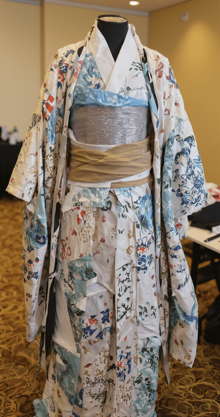 Sukuna Cosplay: Transform Into Jujutsu Kaisen's King of Curses (Complete 2024) Behind-the-scenes view of convention costume preparation, highlighting a moisture-wicking undershirt beneath an elaborate kimono, with soft ambient lighting illuminating the carefully arranged costume pieces in a hotel room.
