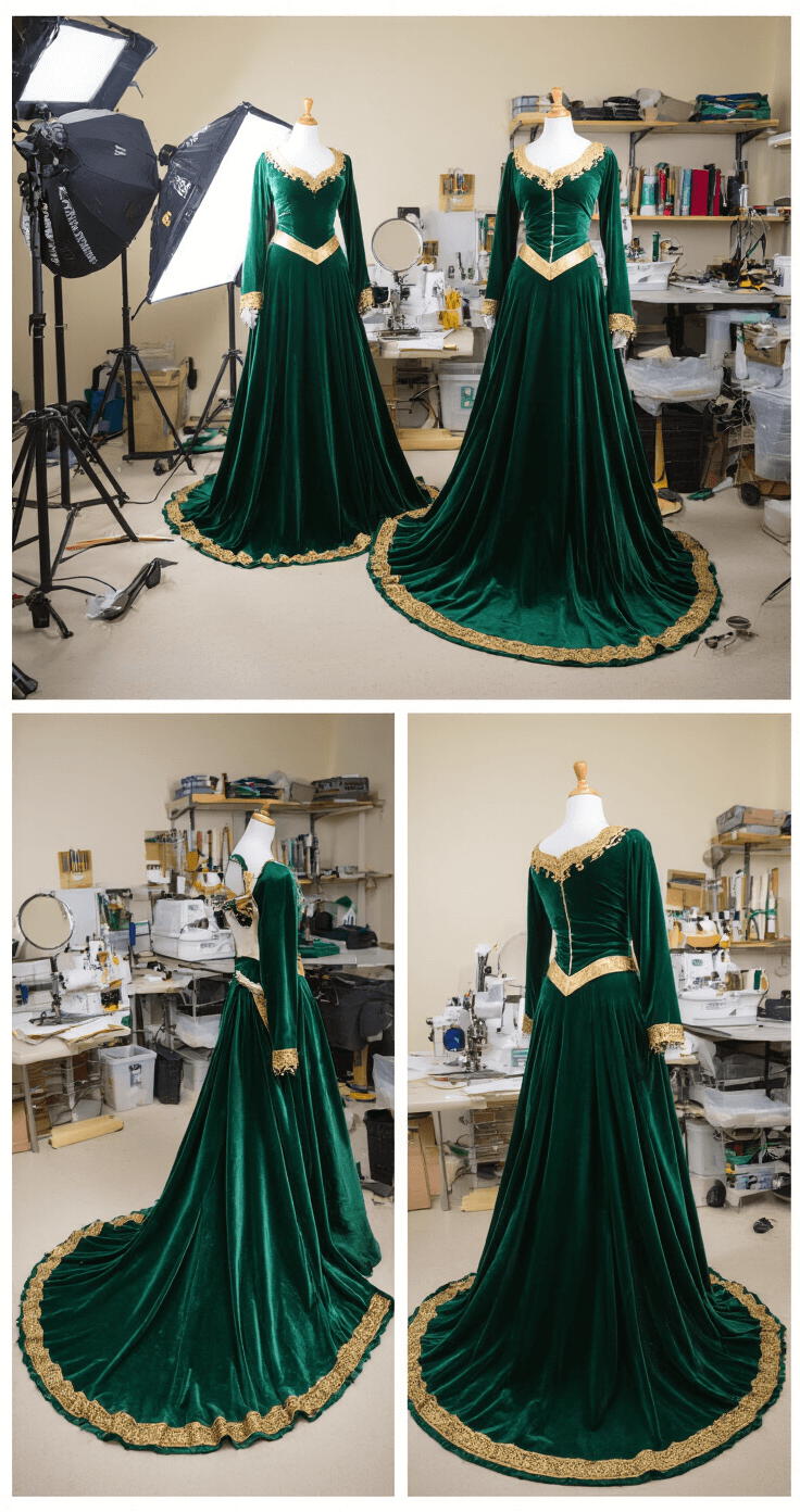 The Ultimate Guide to Cosplay Dresses: From Fabric Choices to Stunning Results A professional photography setup showcasing a fantasy-inspired gown in emerald green velvet with gold trim during a costume test fit. Studio lighting accentuates the gown's movement, while multiple mirrors reflect different angles. An organized backdrop of sewing supplies and reference materials adds depth. The image features both full-length and detailed views of the gown's construction techniques.
