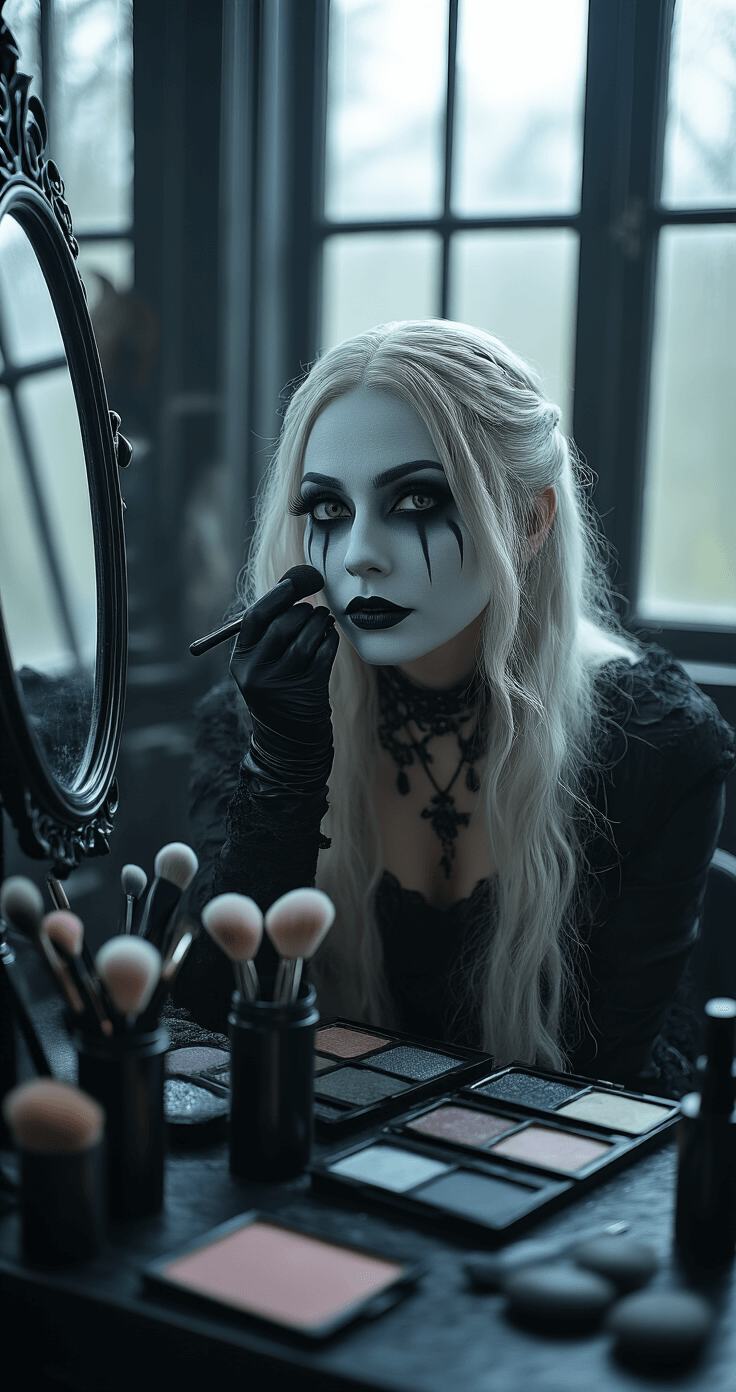 Ultimate Guide to Raven Cosplay Makeup: Transform into Teen Titans' Mysterious Hero A model in dark gothic cosplay applies grey Mehron face paint at a sleek black vanity, surrounded by makeup brushes and mystical props, with soft ambient lighting and a cool-toned atmosphere enhancing the transformation process.