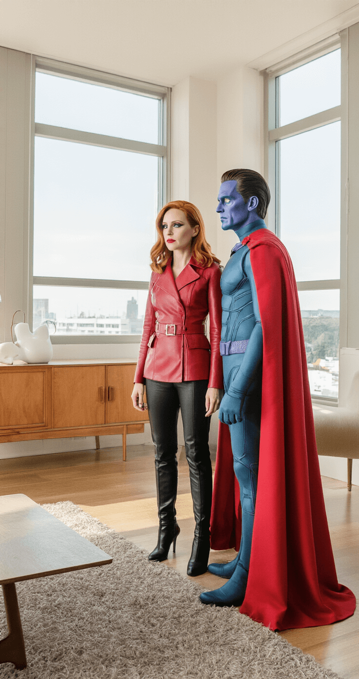 Ultimate Guide to Duo Costumes: Creative Ideas for Dynamic Duos A modern living room featuring mid-century furniture, with two models dressed as Wanda and Vision from Marvel; Wanda in a structured red leather jacket and cape, and Vision in a sleek synthetic fabric suit. Professional SFX makeup and styled wigs enhance their looks, all captured in vibrant detail through a medium format camera.