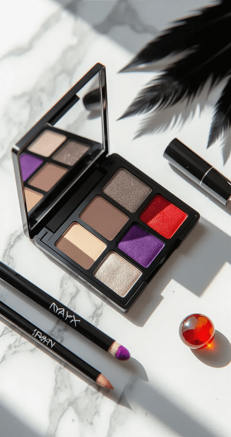 Ultimate Guide to Raven Cosplay Makeup: Transform into Teen Titans' Mysterious Hero A minimalist makeup workspace featuring a flatlay of NYX Cool Neutrals palette, black eyeliner, purple contacts, and a red chakra gem on a marble surface, illuminated by natural daylight, with Raven costume elements in the background.