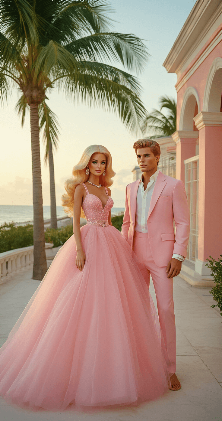 Ultimate Guide to Duo Costumes: Creative Ideas for Dynamic Duos A retro outdoor scene featuring models dressed as Barbie in a pink tulle gown and Ken in a tailored beach-ready suit, set against pastel architecture and palm trees. The image captures them during magic hour, showcasing their styled blonde wigs, period-accurate accessories, and makeup, with a focus on their full outfits in the vibrant environment.