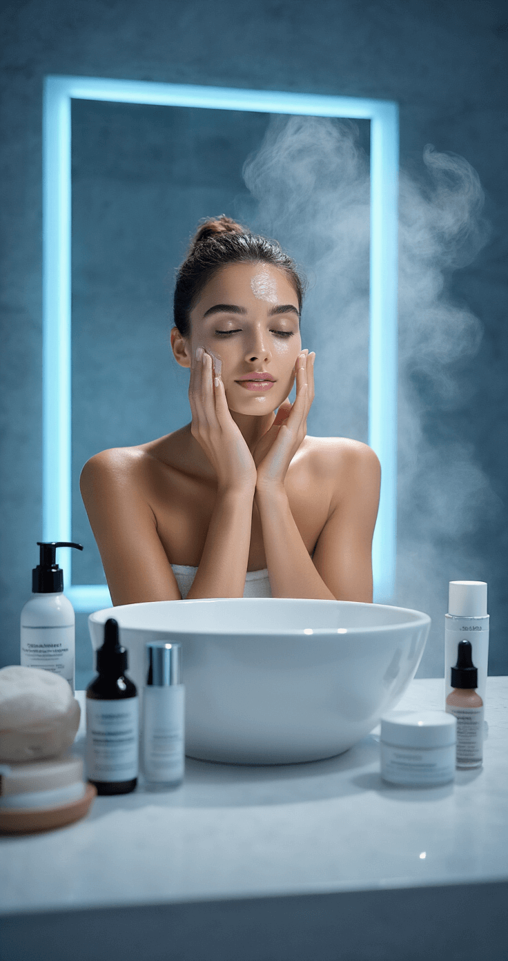 Ultimate Guide to Raven Cosplay Makeup: Transform into Teen Titans' Mysterious Hero A model in a moody bathroom uses cleansers and moisturizers at a modern white sink, with cool LED lighting and steam creating an atmospheric effect, showcasing a skincare prep routine.