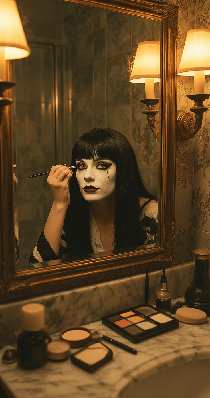 Creating the Perfect Tomie Cosplay: A Horror Fashion A dimly lit vintage bathroom with an antique mirror shows a cosplayer applying white theatrical makeup, transforming into Tomie. The model, with a long black wig and bangs, is focused on applying a beauty mark under her left eye. Soft amber lighting casts dramatic shadows, highlighting makeup tools and prosthetics neatly arranged on the marble countertop.
