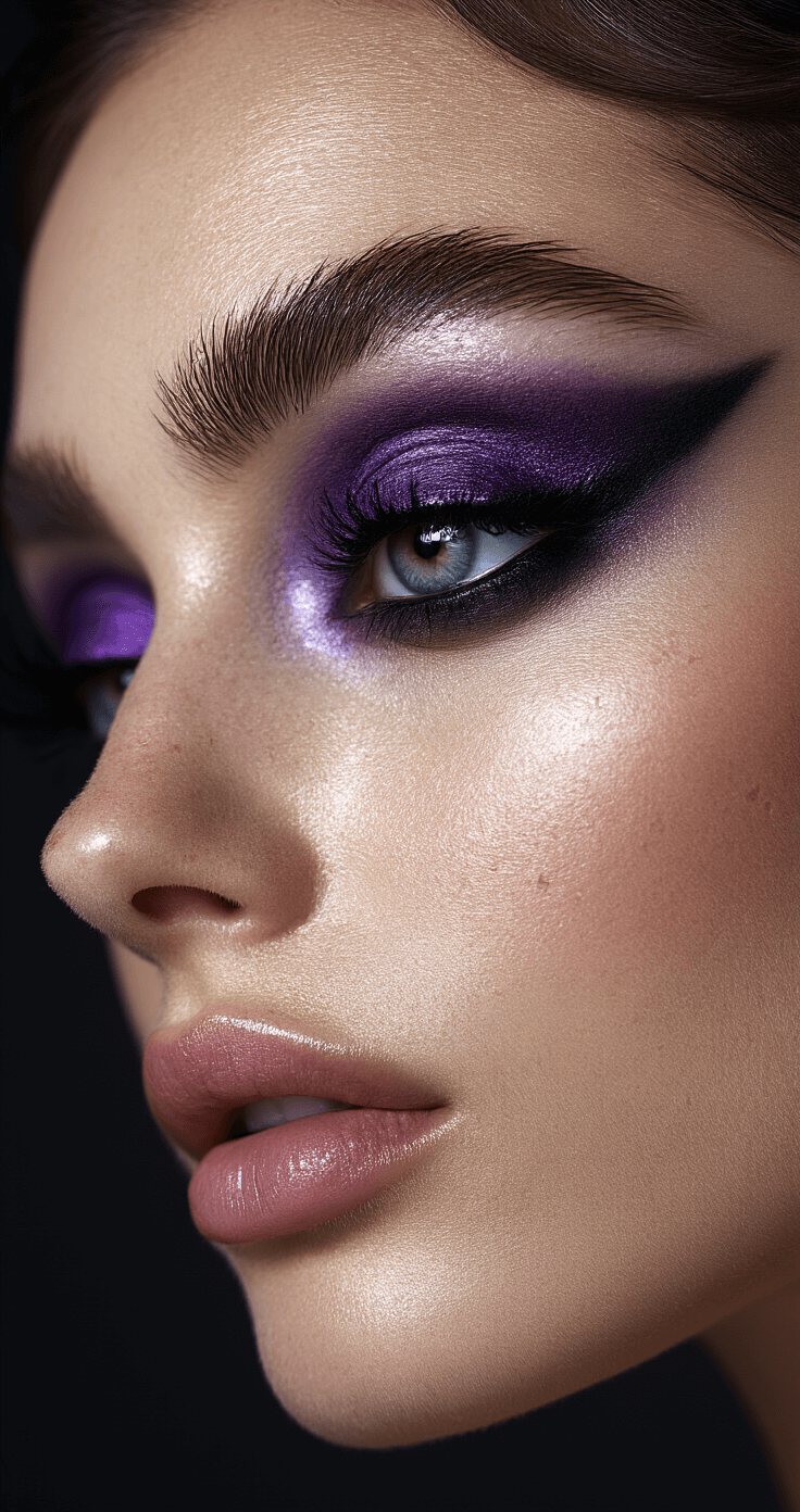 Ultimate Guide to Raven Cosplay Makeup: Transform into Teen Titans' Mysterious Hero Extreme close-up of a model's eye area showcasing a purple and black smokey eye makeup application, highlighting textured eyeshadow pigments and precise eyeliner placement, illuminated by dramatic beauty dish lighting for depth and dimension.