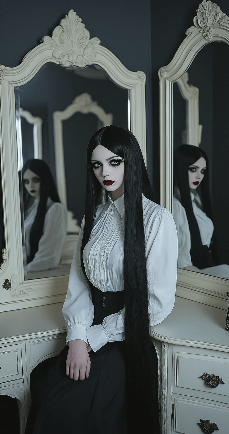 Creating the Perfect Tomie Cosplay: A Horror Fashion A model in Tomie cosplay poses near a vintage vanity in an atmospheric bedroom with dark grey walls. Dramatic false eyelashes and long black hair enhance the haunting effect created by multiple mirror reflections, captured in a film noir aesthetic.