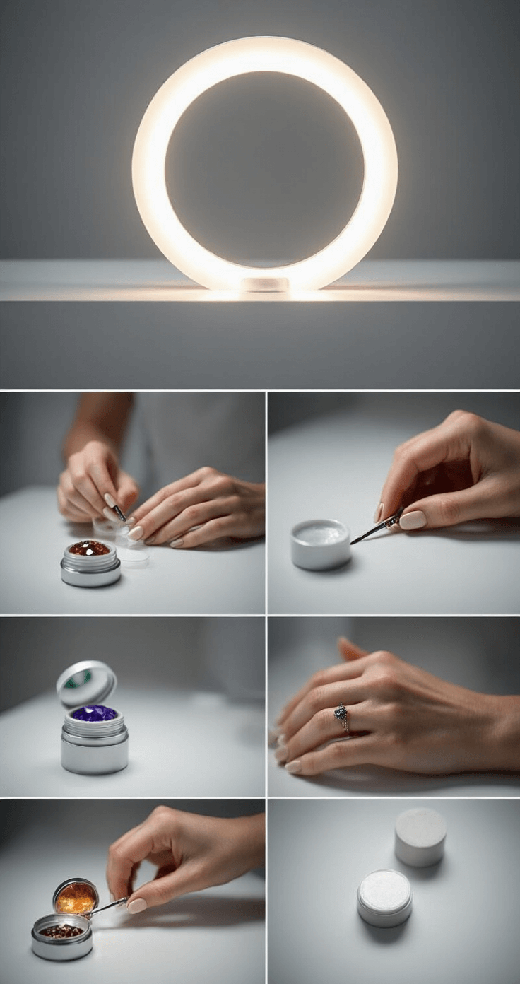 Ultimate Guide to Raven Cosplay Makeup: Transform into Teen Titans' Mysterious Hero A contemporary vanity with a ring light showcases the step-by-step application of chakra gems, featuring spirit gum adhesive and placement tools. The clean, clinical lighting enhances the precise positioning of the gems, captured straight-on for technical clarity at f/5.6.