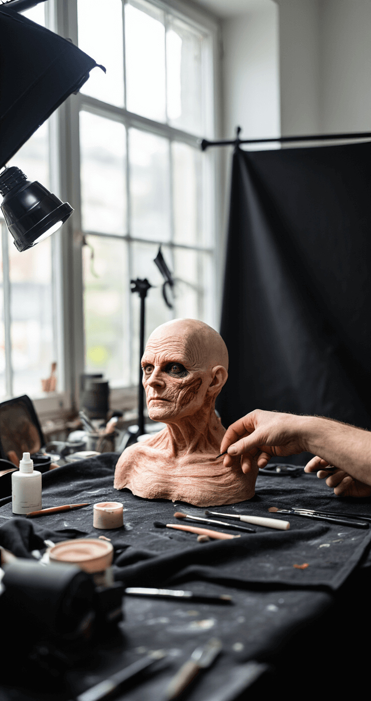 Creating the Perfect Tomie Cosplay: A Horror Fashion Behind-the-scenes view of a professional makeup artist applying special effects prosthetics with meticulous detail on skin texture, illuminated by soft box lighting and natural light from a large window, showcasing the artistry and tools involved in theatrical makeup.
