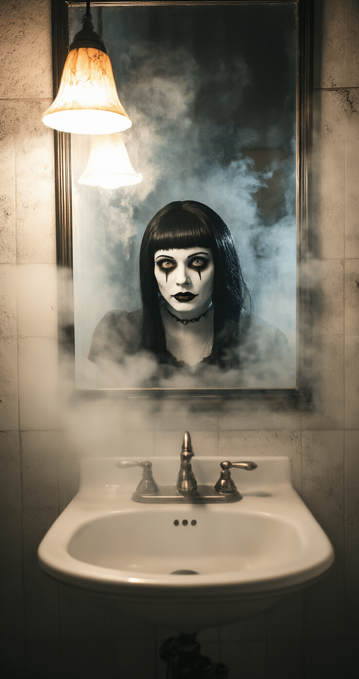 Creating the Perfect Tomie Cosplay: A Horror Fashion Eerie bathroom scene with a cosplayer practicing Tomie's unsettling expression, featuring a steam-covered mirror, diffused lighting, and vintage fixtures, highlighting their flawless white makeup and precisely styled black wig amidst shadows and reflections.