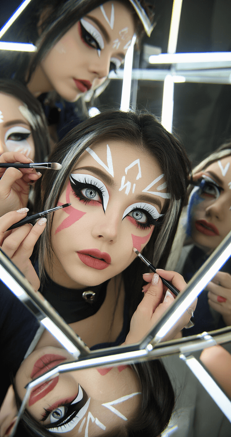 The Ultimate Guide to Cosplay Makeup: From Basics to Pro Techniques Close-up of a cosplayer applying dramatic anime eye makeup in a convention center bathroom, featuring bright fluorescent lighting and multiple mirrors reflecting the detailed application process, showcasing precise brushwork and vibrant colors under professional beauty lighting.