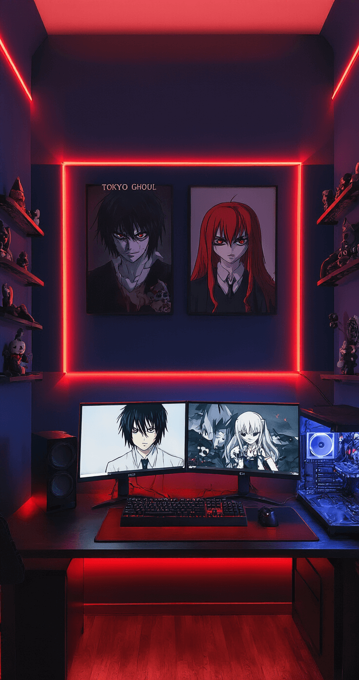 Anime Bedroom Makeover: Transform Your Space into an Otaku Paradise Edgy anime-themed sanctuary featuring deep navy walls and red LED accent lighting, adorned with Death Note and Tokyo Ghoul wall art. Black metal floating shelves showcase dark collectibles, and a gaming setup with dual monitors displays anime wallpapers. The low-angle shot emphasizes dramatic uplighting and the room's height at dusk.
