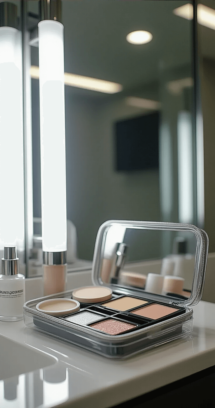 Ultimate Guide to Raven Cosplay Makeup: Transform into Teen Titans' Mysterious Hero Close-up of a well-organized touch-up kit in a bright convention center bathroom, featuring a clear makeup bag filled with setting spray, powder, extra adhesive, and backup supplies, illuminated by fluorescent lighting for practical visibility.