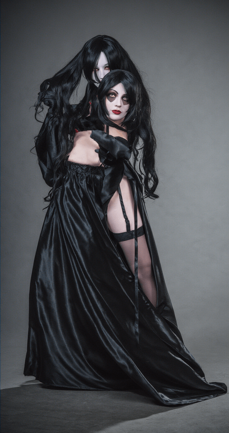 Creating the Perfect Tomie Cosplay: A Horror Fashion Full-length shot of a person in Tomie cosplay, featuring a dark fabric backdrop. The flowing black wig and classic costume elements are highlighted by dramatic side lighting that emphasizes makeup details, including a signature beauty mark. Atmospheric shadows add to the overall effect.