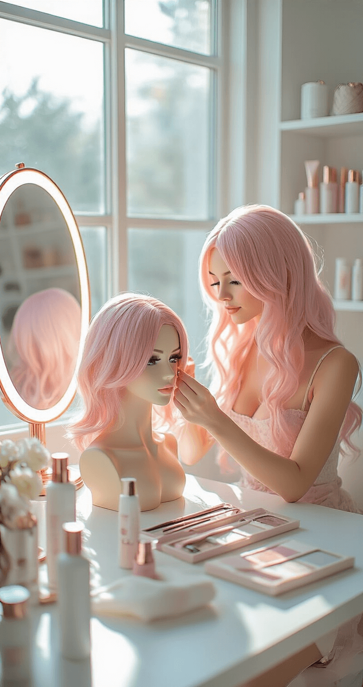 The Ultimate Guide to Rocking Pink Hair in Cosplay (Without Looking Like Cotton Candy!) A bright, modern makeup studio with large windows, featuring a cosplayer styling a pastel pink wig on a mannequin at a vanity, surrounded by professional tools and rose gold accents.