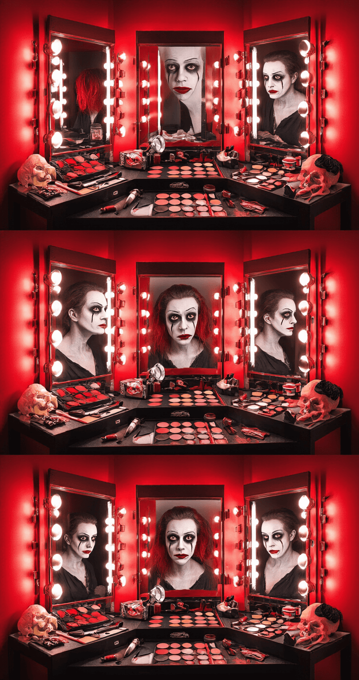Creating the Perfect Tomie Cosplay: A Horror Fashion Stylized horror-themed dressing room featuring triptych mirrors reflecting the transformation from base makeup to final look, with red accent lighting and an organized display of theatrical makeup, prosthetics, and styling tools, all highlighted by dramatic color grading.