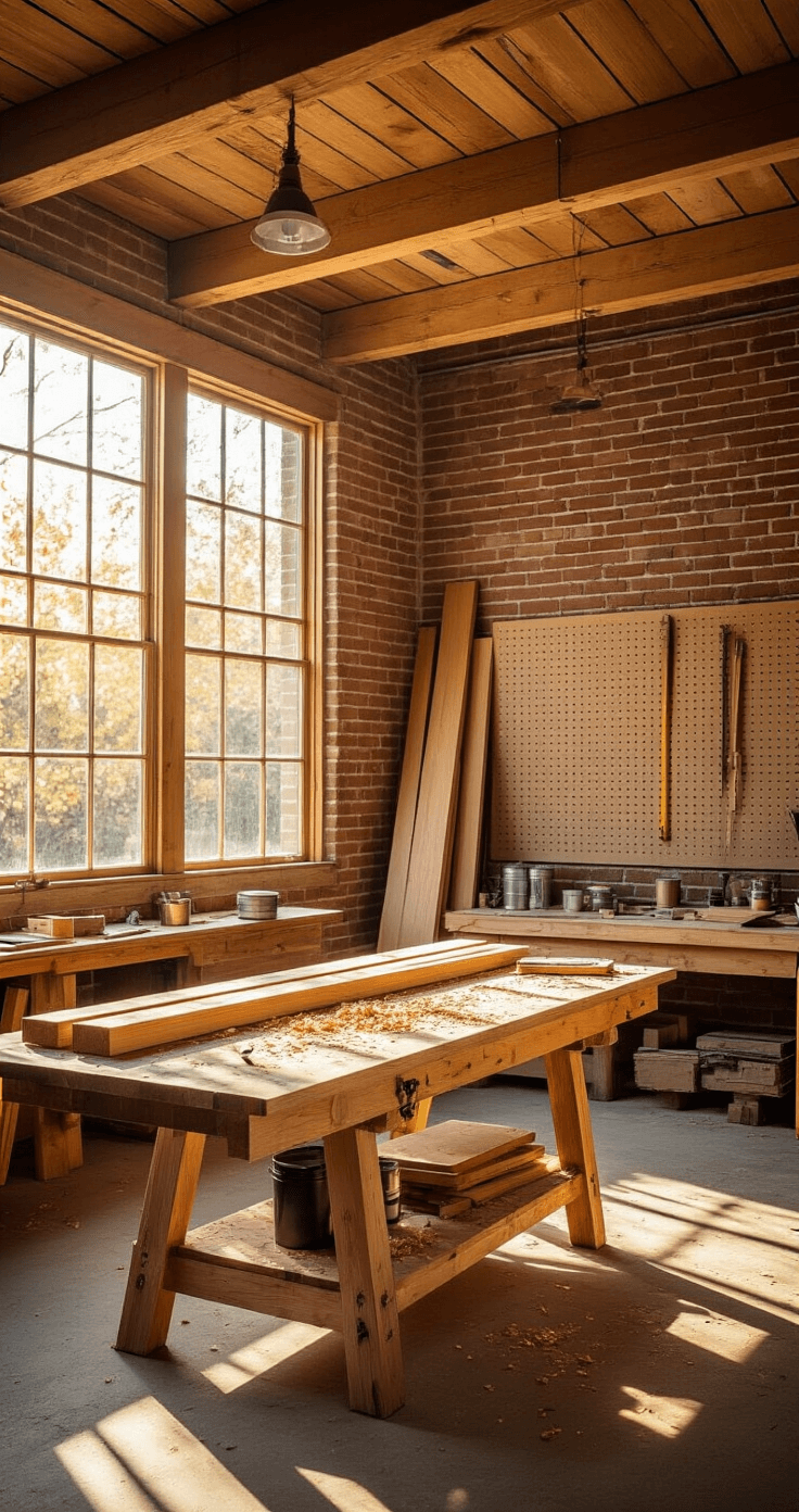 Spacious workshop interior featuring natural pine wood boards and lumber on a sturdy workbench, bathed in warm golden sunlight streaming through large windows, highlighting a focus on craftsmanship with exposed beams, concrete floors, and organized tools against brick walls.
