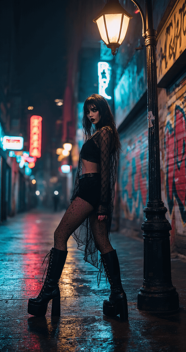 Baddie Halloween Costumes: Serving Iconic Looks in 2024 Model in platform boots and black mesh layers stands at a street corner illuminated by a vintage streetlamp, with colorful neon reflections on wet pavement, against an urban graffiti backdrop, capturing the edgy vibe of Halloween prep.