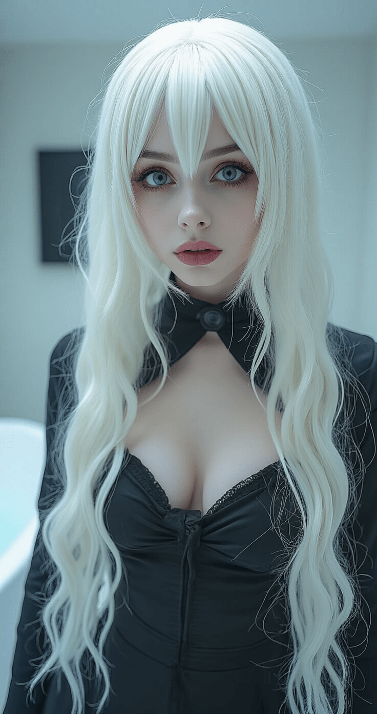 Creating the Perfect Tomie Cosplay: A Horror Fashion A minimalist white bathroom with dark Tomie cosplay elements, showcasing precise wig styling and professional makeup application techniques under bright lighting that highlights horror aesthetic details.