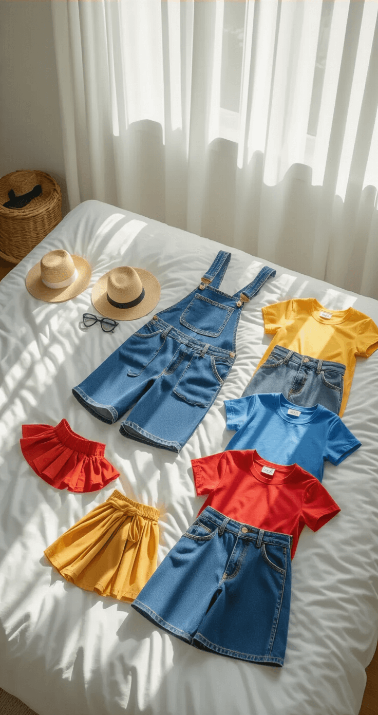 Easy Cosplay Ideas: Your Ultimate Guide to Quick and Simple Character Transformations A bright bedroom with morning sunlight filtering through white curtains, featuring a costume workspace on a white bed with neatly arranged denim overalls, colored t-shirts, and simple skirts in primary colors, captured from a 45-degree elevated angle.