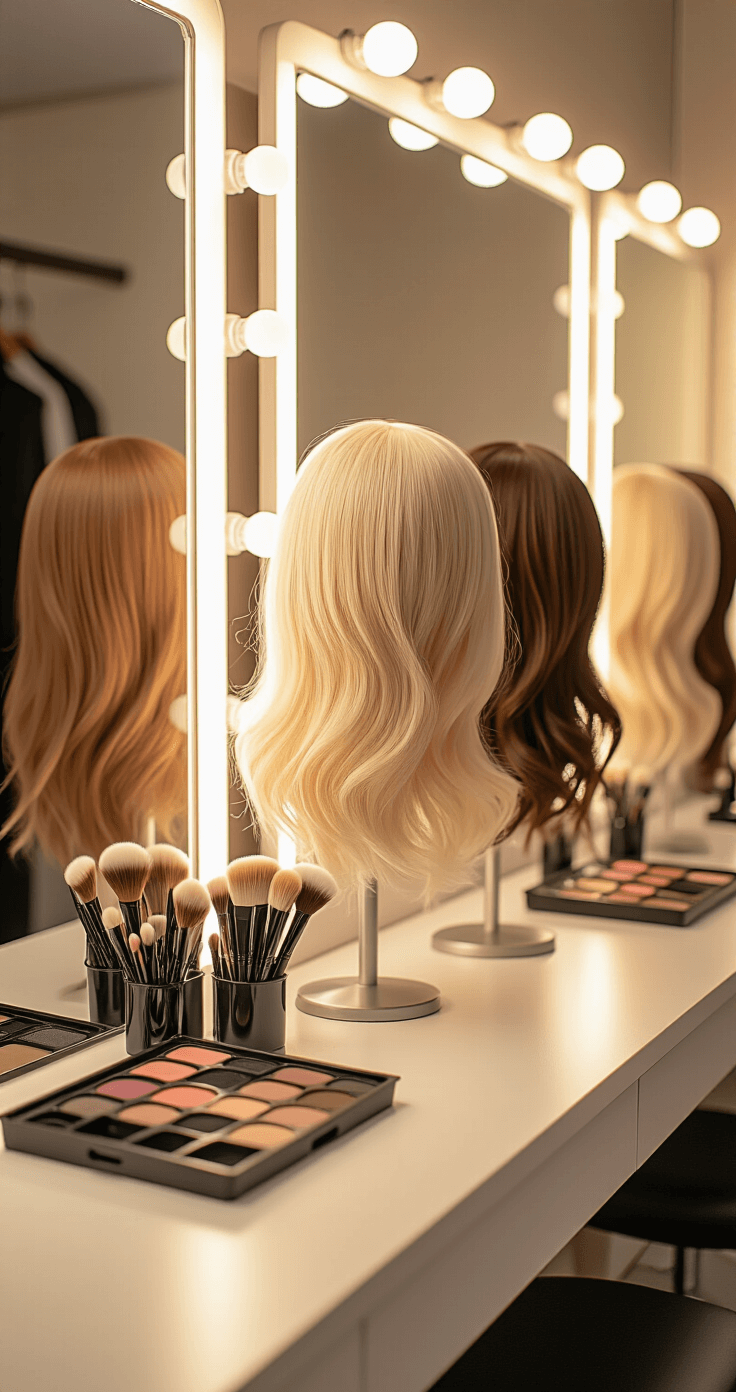 Easy Cosplay Ideas: Your Ultimate Guide to Quick and Simple Character Transformations A well-lit cosplay dressing room featuring a close-up of a styling station with natural-colored costume wigs on elegant stands, illuminated by professional beauty lighting, alongside artfully arranged makeup brushes and a costume makeup kit on a clean white counter.