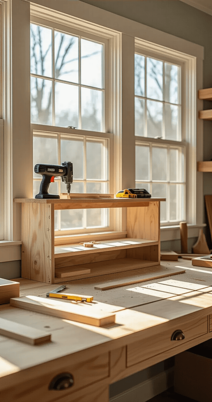 Cozy home office corner with a work-in-progress display shelf assembly, featuring unfinished pine boards, brass hinges, and organized tools on a solid oak desk, illuminated by bright morning light streaming through large windows, capturing the meticulous craftsmanship and natural wood tones.