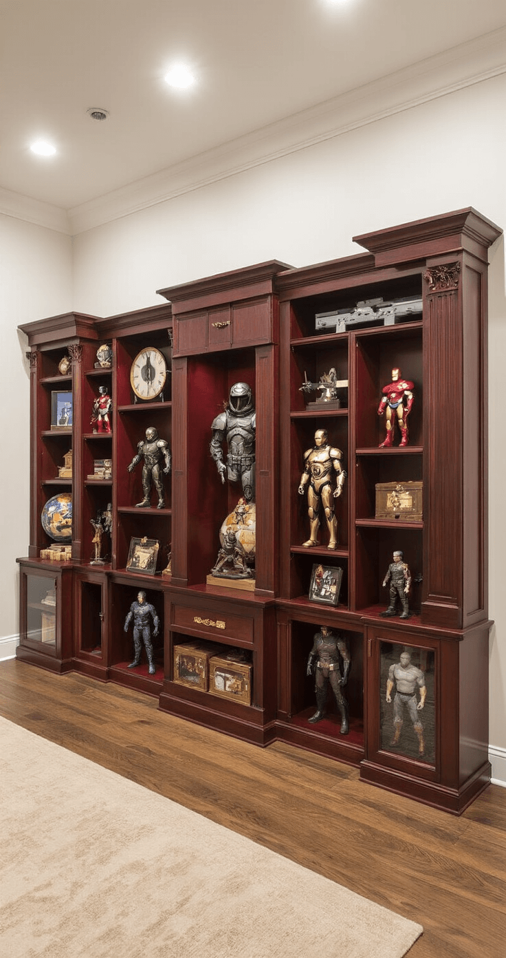 Elegant gallery-style display room featuring custom shelving with collectible props, professionally lit with adjustable spotlights, showcasing vintage movie memorabilia and action figures against soft white walls and rich mahogany accents.