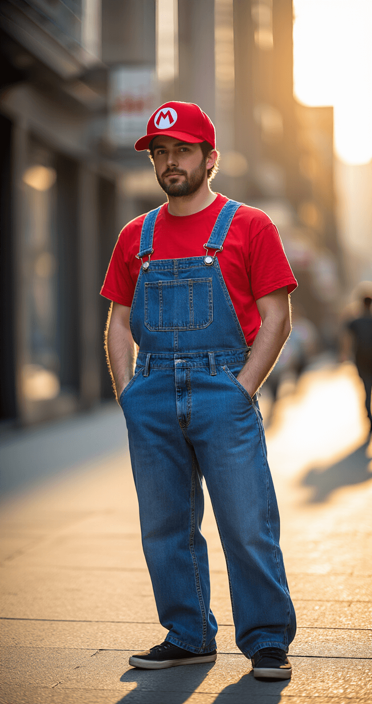 Easy Cosplay Ideas: Your Ultimate Guide to Quick and Simple Character Transformations A Mario cosplayer in denim overalls and a red t-shirt poses heroically against an urban backdrop during golden hour, with sunlight illuminating the vibrant colors and a soft bokeh effect in the background.