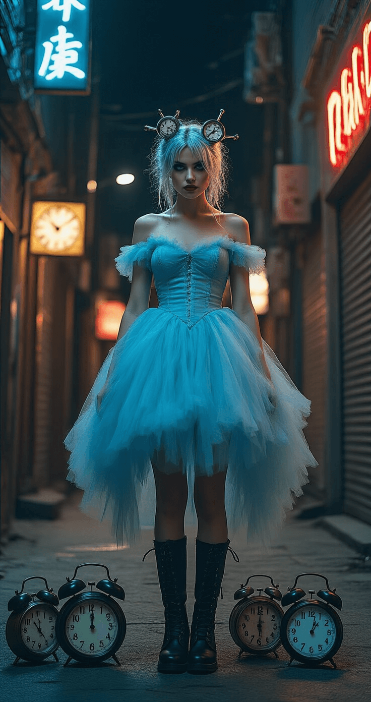 Unique Halloween Costumes That'll Make You Stand Out This Year A modern punk-rock Cinderella stands in a dimly lit urban alleyway at midnight, wearing a distressed powder-blue tulle dress with a ripped hem and black leather combat boots. Her silver-dyed hair is styled in a messy updo adorned with clock hands. Vintage clocks are scattered around her feet, while golden hour backlight creates a halo effect, complemented by glowing neon signs. The dramatic lighting highlights the contrast between her delicate dress and edgy footwear.