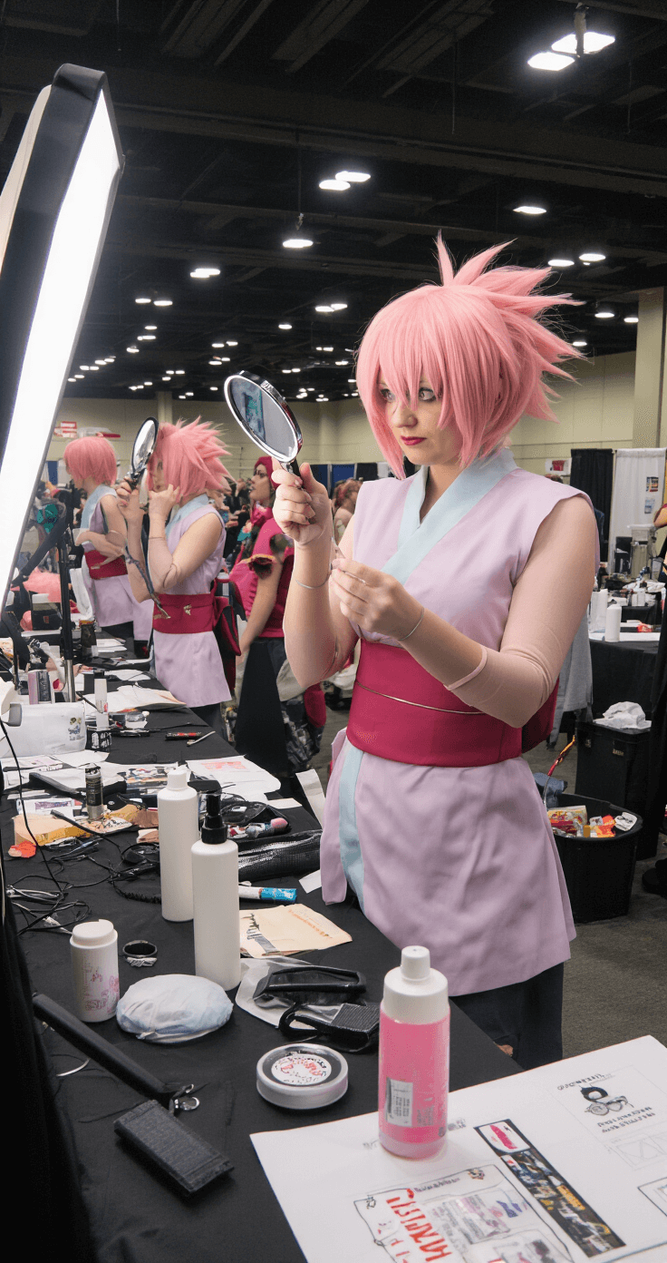 The Ultimate Guide to Rocking Pink Hair in Cosplay (Without Looking Like Cotton Candy!) A cosplayer in a Sakura Haruno costume adjusts their pink wig in a convention center prep room filled with emergency styling supplies; other cosplayers are seen in the background amidst a lively atmosphere of pre-convention preparations.
