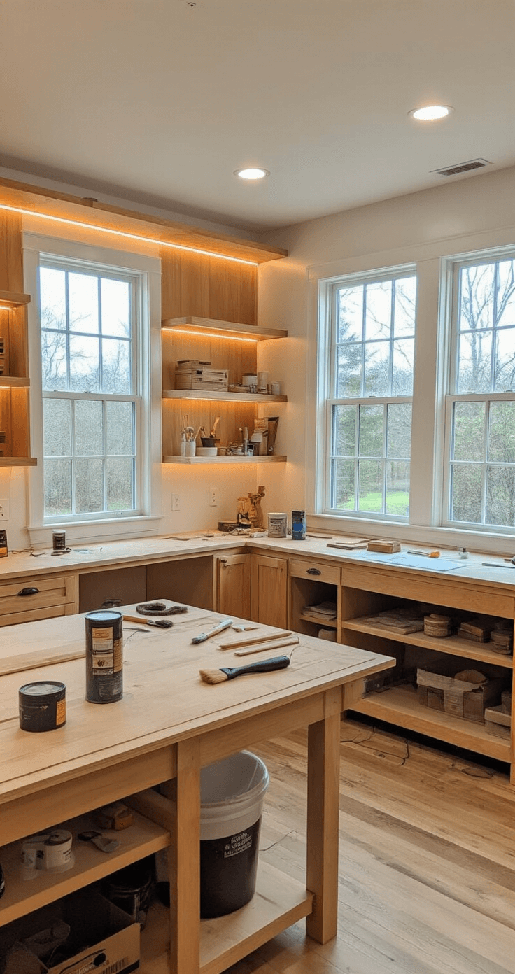 Bright craft room with partially stained honey oak shelving, LED strip light installation, and organized craft supplies, showcasing natural light and meticulous detail.