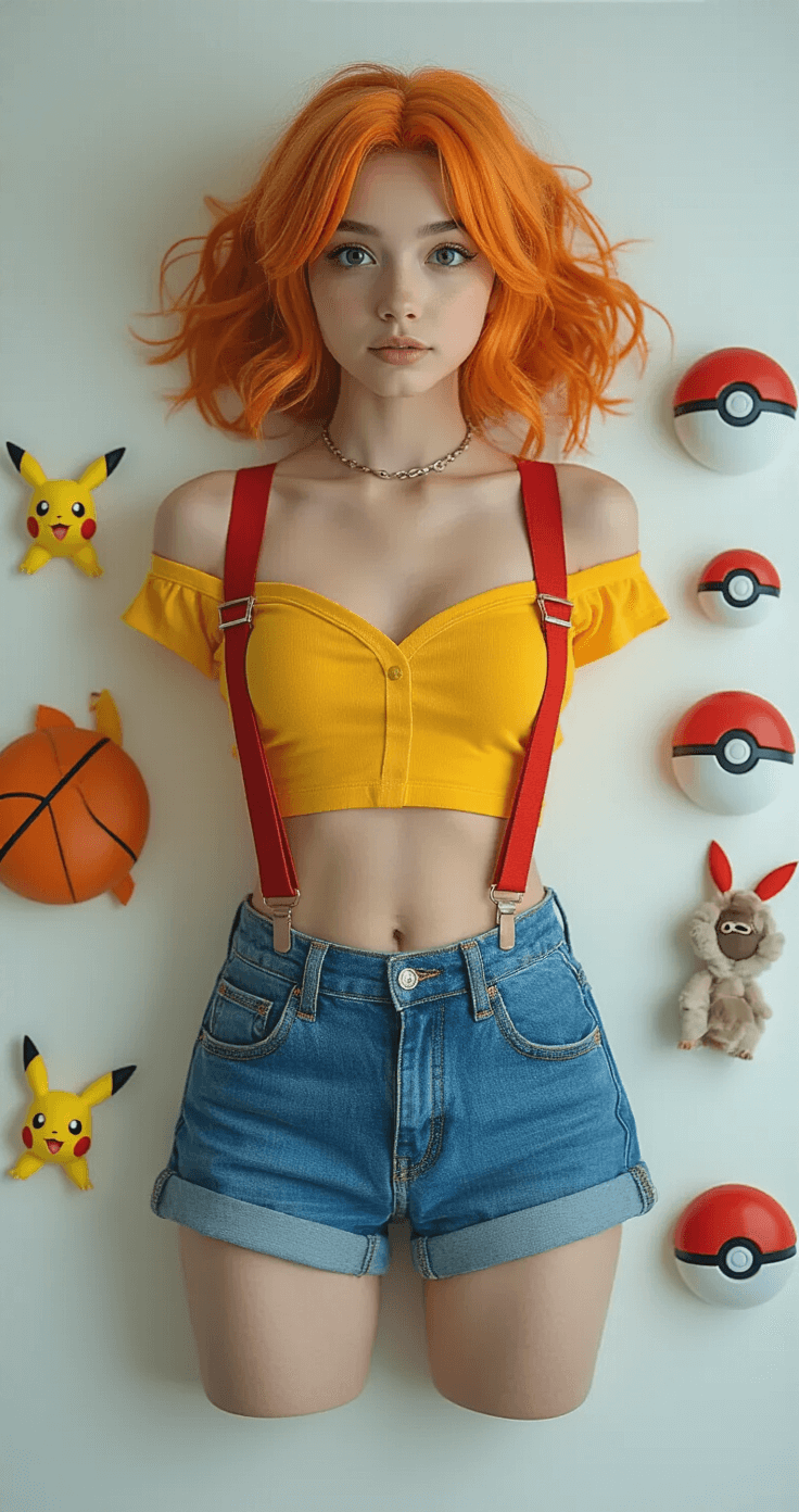 Easy Cosplay Ideas: Your Ultimate Guide to Quick and Simple Character Transformations A flat lay of a Misty cosplay outfit arranged in a knolling style, featuring a sunshine yellow crop top, fire-engine red suspenders, and denim shorts on a white background, with Pokemon-themed accessories and an orange wig, all captured in bright studio lighting.