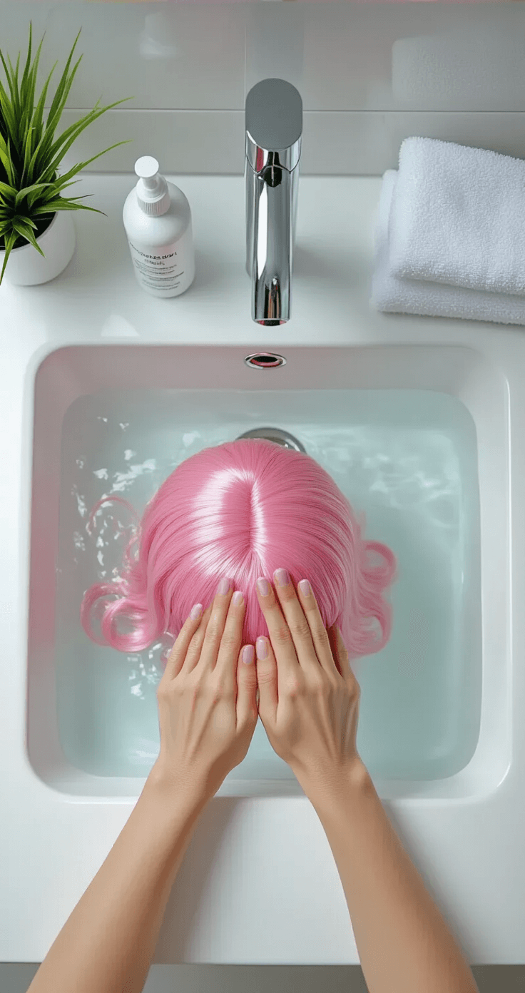 The Ultimate Guide to Rocking Pink Hair in Cosplay (Without Looking Like Cotton Candy!) Close-up of hands washing a pink wig in a modern bathroom sink, surrounded by specialized wig care products and microfiber towels, with a stylish white and chrome decor.