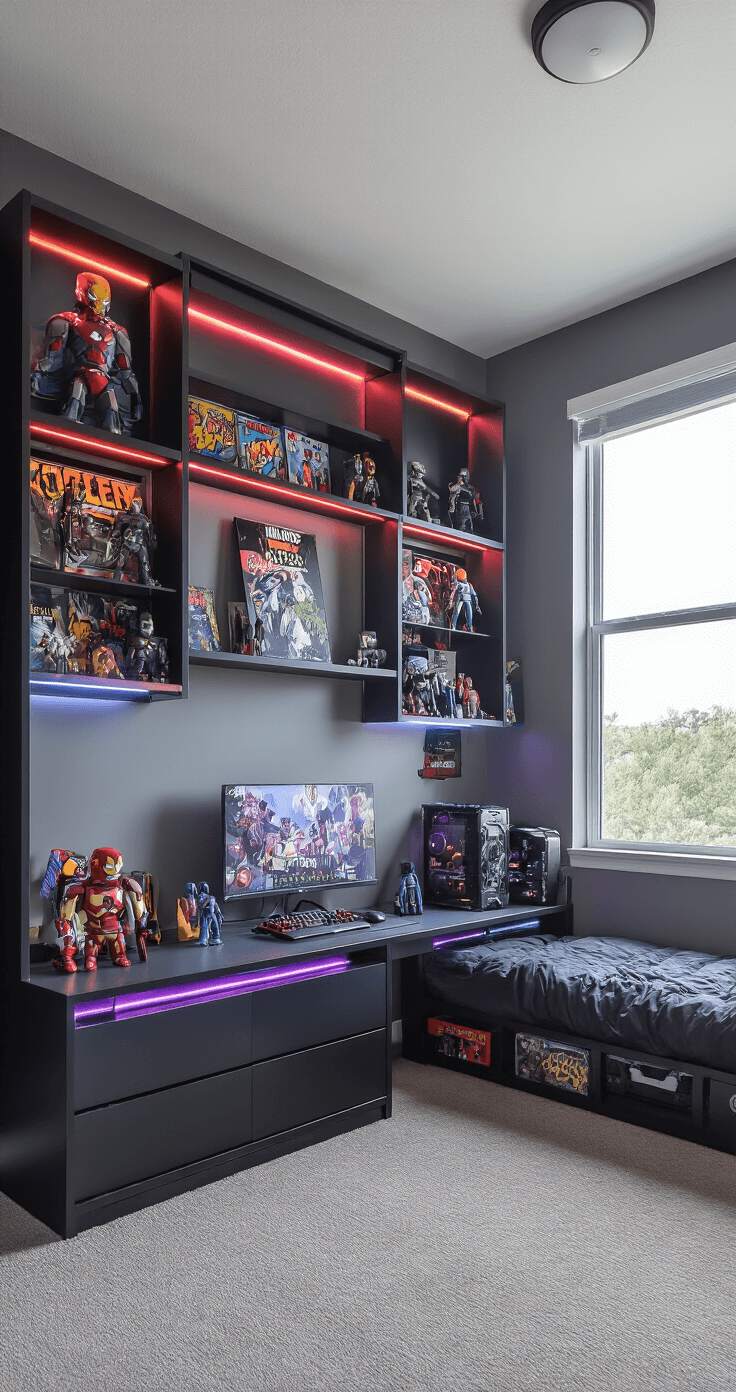 Stylish teen bedroom with large windows illuminating a portable shelf system displaying gaming collectibles and pop culture memorabilia, featuring sleek black frames with RGB LED strips, all set against gray walls.