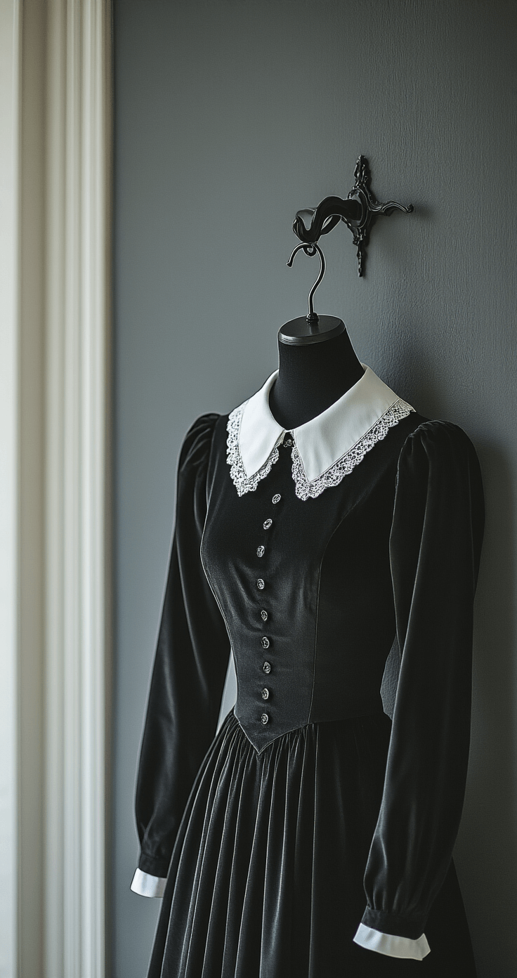 Easy Cosplay Ideas: Your Ultimate Guide to Quick and Simple Character Transformations A vintage black dress with a white Peter Pan collar hangs elegantly on a black velvet hanger against a dark grey wall, evoking a moody gothic atmosphere, with dramatic side lighting and a shallow depth of field focusing on the collar detail.