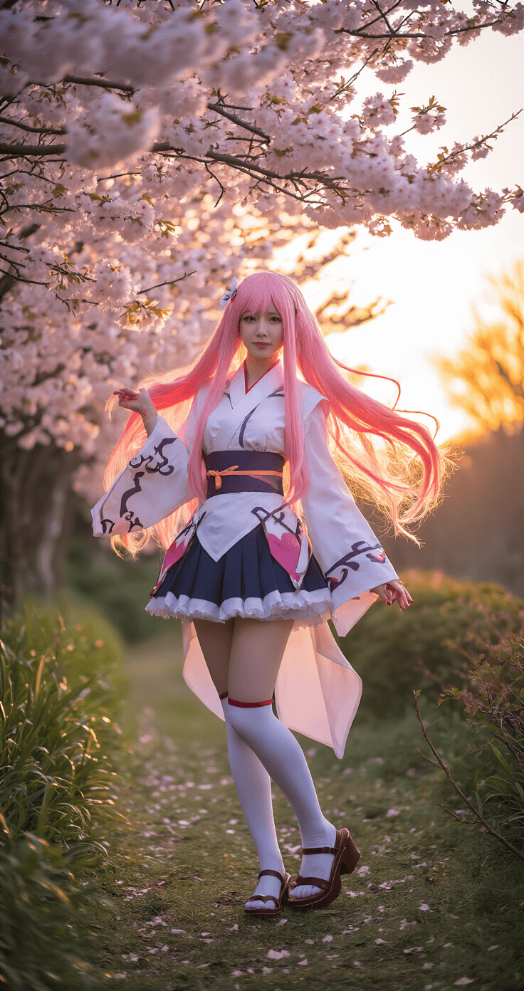 The Ultimate Guide to Rocking Pink Hair in Cosplay (Without Looking Like Cotton Candy!) A Zero Two cosplayer poses gracefully among cherry blossoms at sunset, showcasing vibrant pink hair and a beautifully styled costume, captured from a low angle to highlight the elegance and harmony with the floral background.