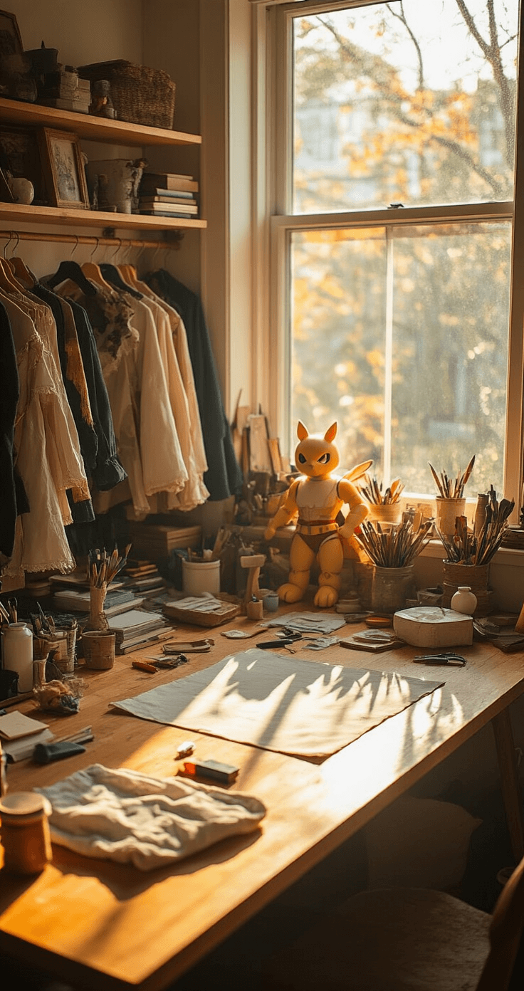 Easy Cosplay Ideas: Your Ultimate Guide to Quick and Simple Character Transformations A bird's-eye view of a DIY cosplay workspace with thrifted costume pieces and craft supplies organized on a large wooden table, illuminated by warm afternoon light streaming through a large window, casting interesting shadows.