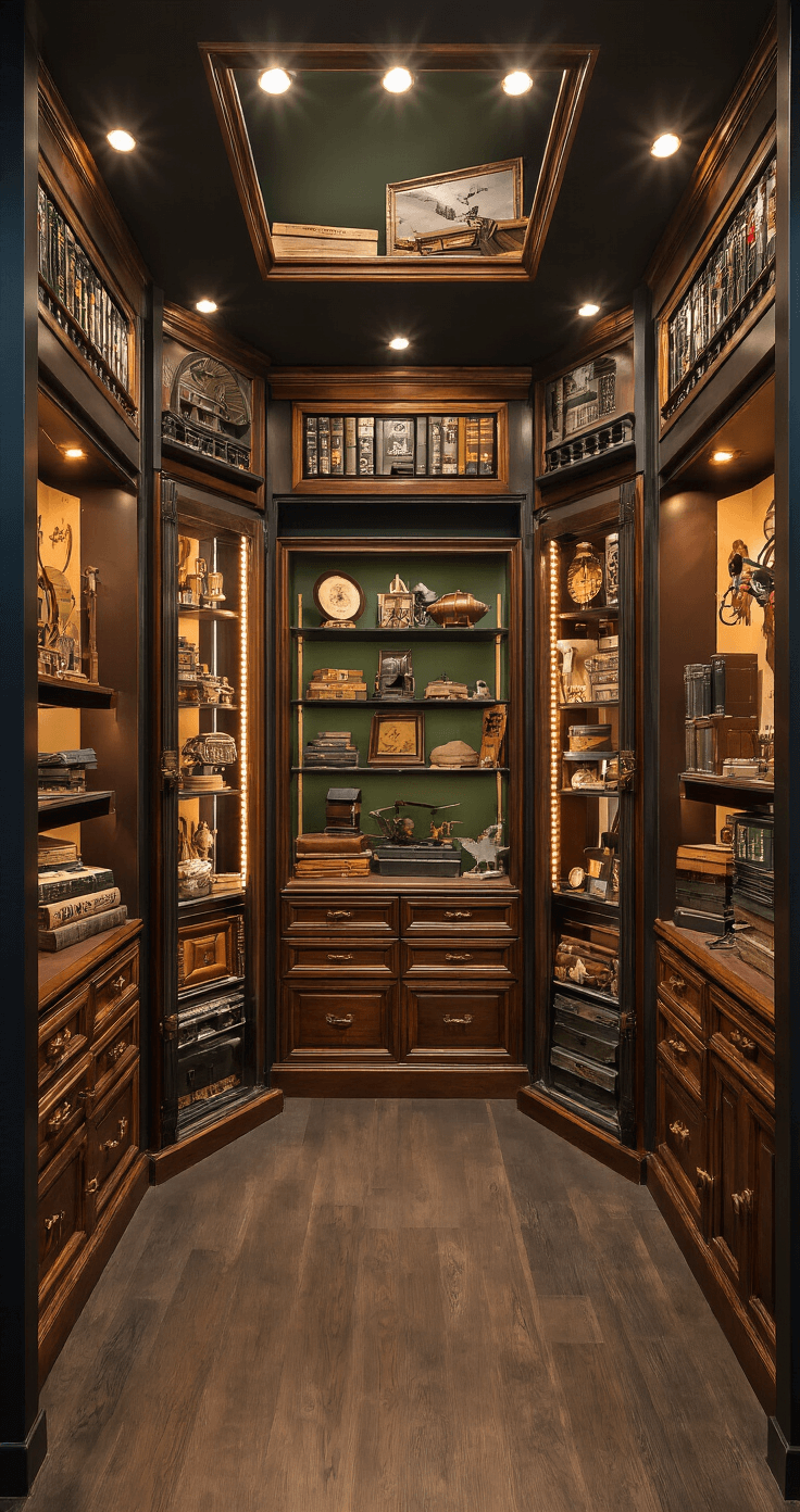 Professional home studio showcasing a seasonal collectible display wall with hinged shelves, warm-toned autumn items, amber LED accent lighting, and deep forest green backing, all captured from a 45-degree angle with diffused lighting.