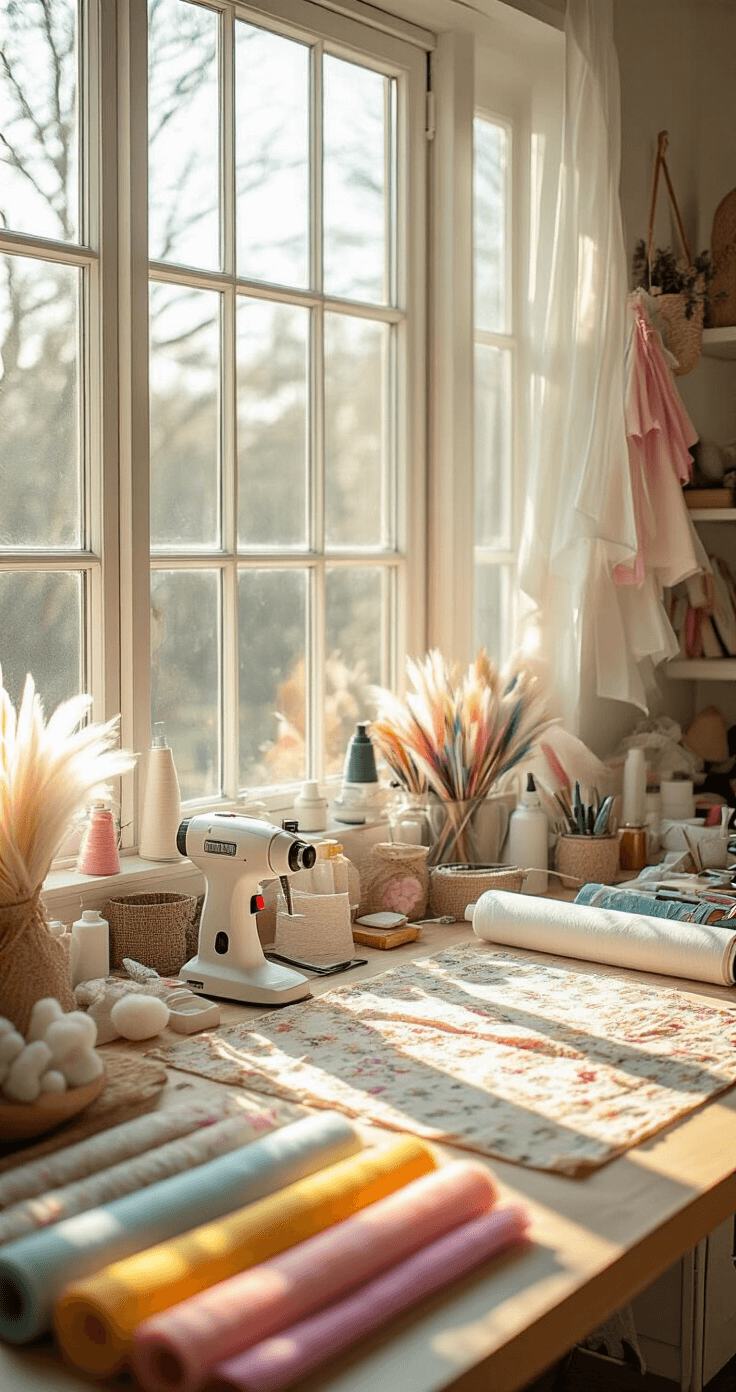 Unique Halloween Costumes That'll Make You Stand Out This Year A bright craft room filled with organized sewing supplies, fabric swatches, and a hot glue gun station, illuminated by natural daylight streaming through large windows, showcasing rolls of tulle, feathers, and LED strips arranged in color-coordinated sections.