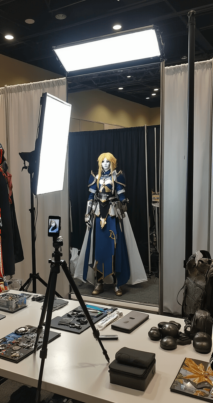 Easy Cosplay Ideas: Your Ultimate Guide to Quick and Simple Character Transformations A well-lit cosplay preparation area featuring a full-length mirror selfie setup, with a smartphone on a tripod, organized character accessories on a sleek table, and a simple backdrop.