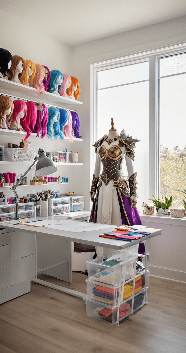 A spacious cosplay room with a sleek craft desk under a large window, bright white walls, floating shelves of colorful wigs, and a dress mannequin in an elaborate fantasy costume, organized craft supplies on the desk, and a warm, inspiring atmosphere.
