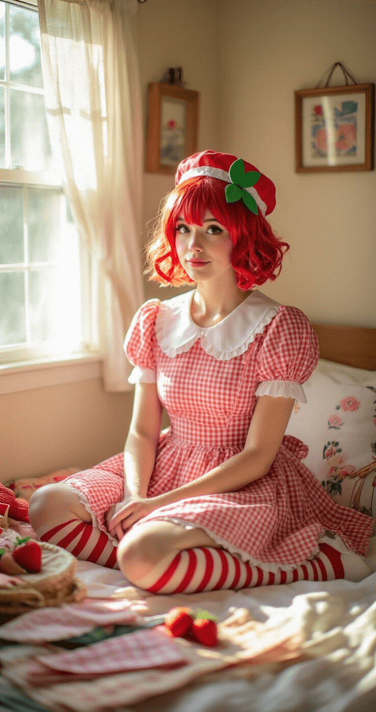 Dress to Impress: Your Ultimate Guide to Show-Stopping Cosplay Fashion Cozy bedroom corner illuminated by warm afternoon light, featuring a cosplayer in pink gingham dress and red striped stockings transforming into Strawberry Shortcake, surrounded by fabric swatches and sewing supplies; detail shot of handmade accessories and berry-themed props captured in natural lifestyle photography.
