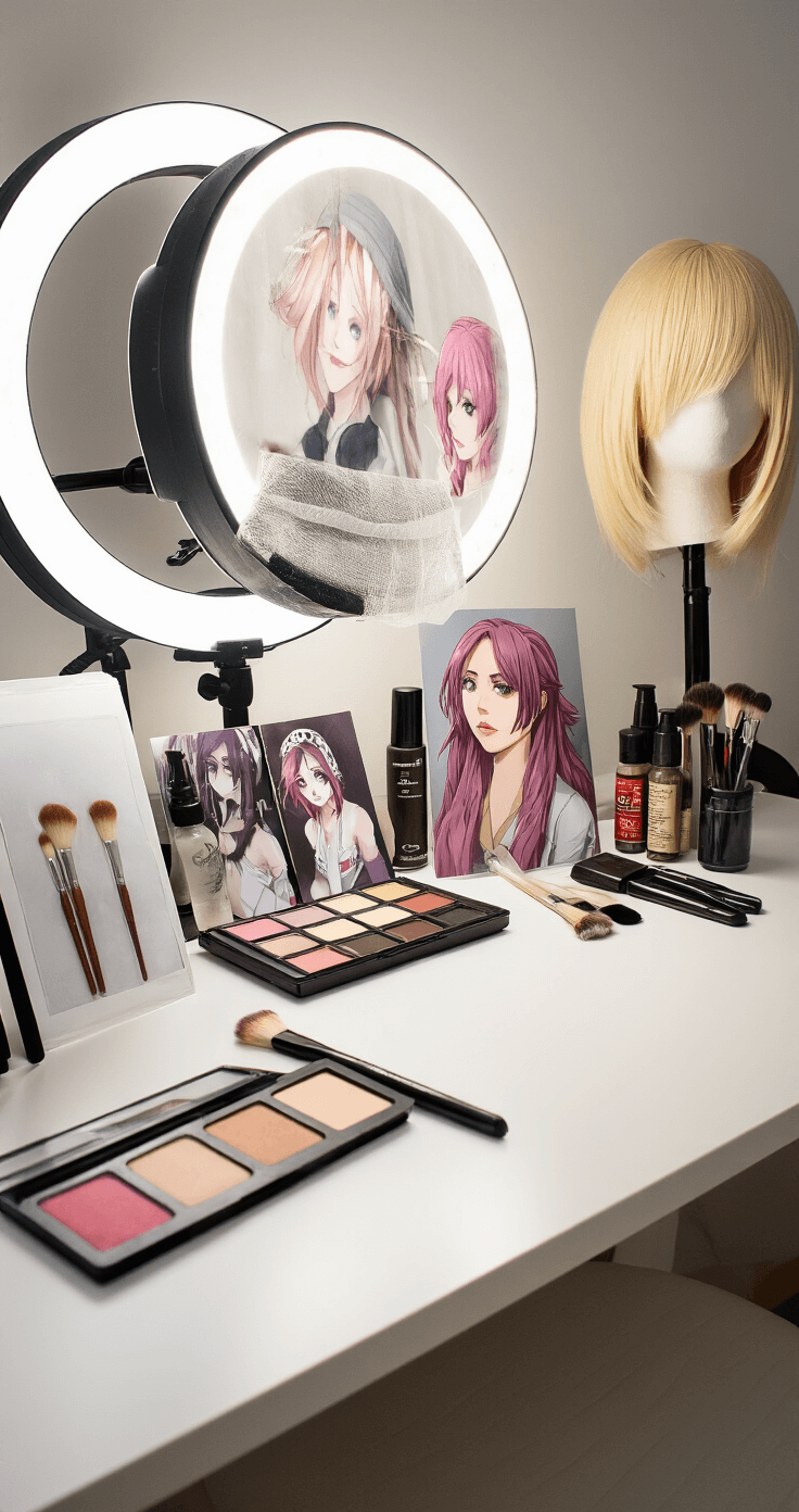Cozy indoor makeup station featuring a professional ring light. Close-up of neatly arranged cosplay makeup essentials on a white vanity, including character reference photos, a wig cap, styling products, and a basic makeup palette, with soft focus on brushes in the foreground and a styled wig on a stand in the background. Shot from above.